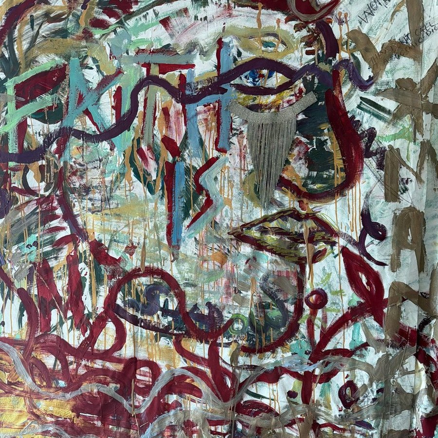 God's Armor — face worked in oxblood line over pale ground